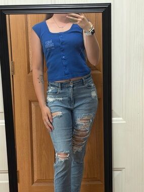Harley Davidson blue button up tank shirt